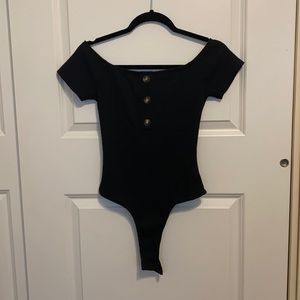 Black short sleeve thong bodysuit